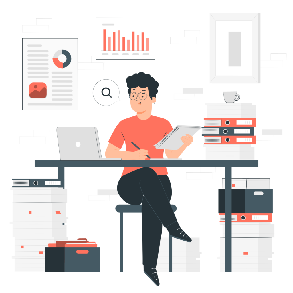 An illustration of a person sitting at a desk, working on multiple screens displaying colorful charts, graphs, and statistical data, symbolizing data analysis and insights generation.